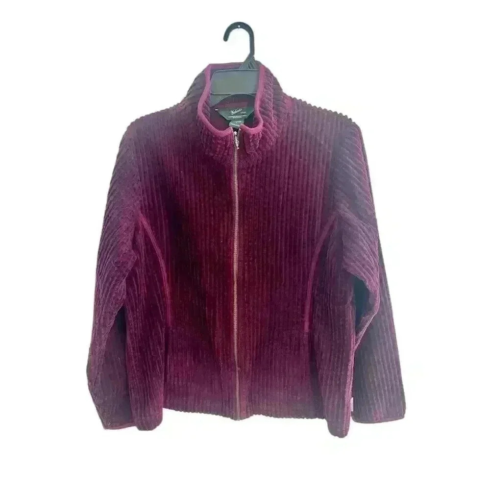 Woolrich Womens Burgundy Corduroy Texture Fleece Full Zip Mock Neck Jacket Large